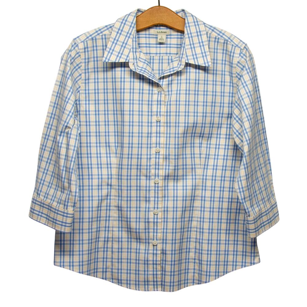 Women's L.L. BEAN Cotton Dress Shirt Small Petite Button Up 3/4 Length Sleeves